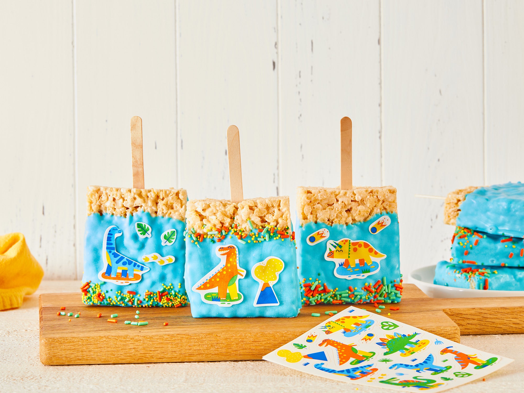 Rice Crispy Treats Decorated with Edible Dinosaur Stickers